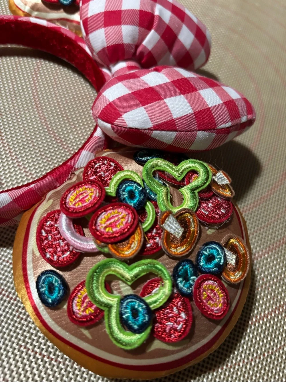 Disney Red Gingham Bow Headband with Colorful Donut Ears